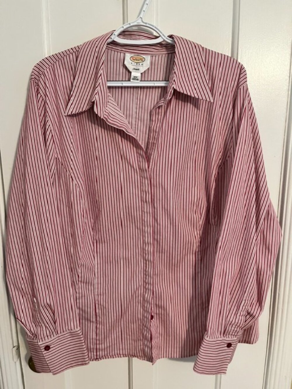 TALBOTS RED & WHITE STRIPED SHIRT, 18W, BUTTON FRONT, LS; EXCELLENT